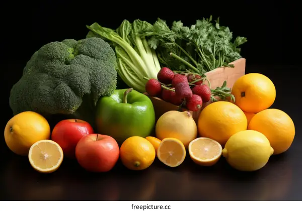 A mix of fresh fruits and vegetables on a dark backdrop