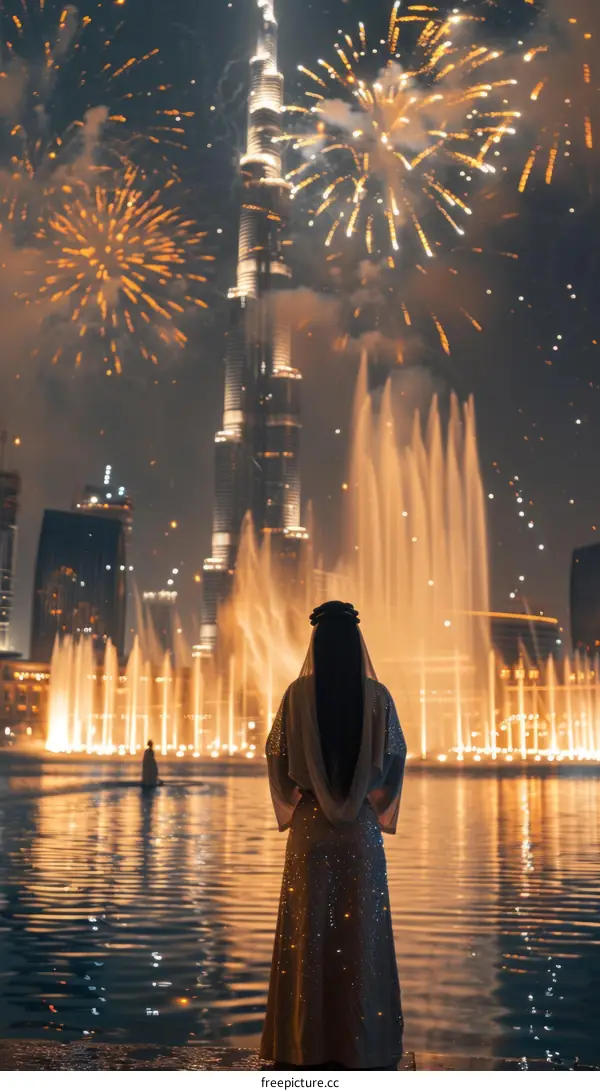 Woman in a sparkly dress watching fireworks at night