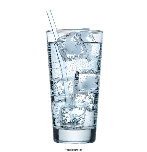 [Transparent Background PNG]Glass of Sparkling Water with Ice Cubes and Straw