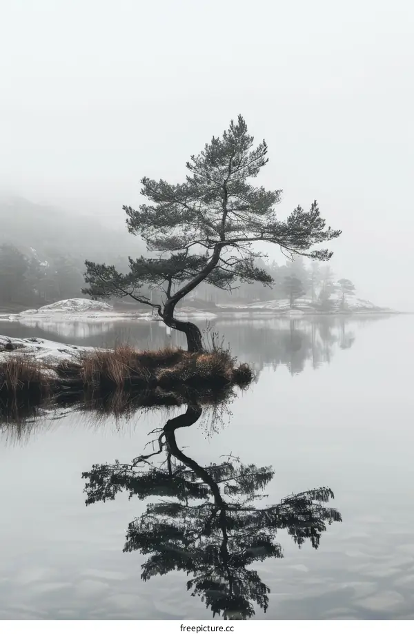 A Solitary Pine Tree Stands in the Water with Its Branches Reaching Out