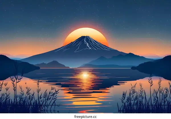 Mount Fuji Sunrise Landscape Illustration