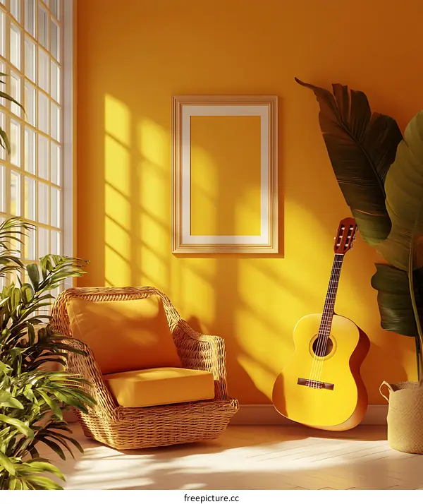 Yellow Living Room Interior Design with Guitar and Wicker Chair