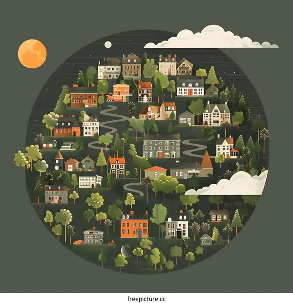 Illustrated Nighttime Cityscape with Circular Frame