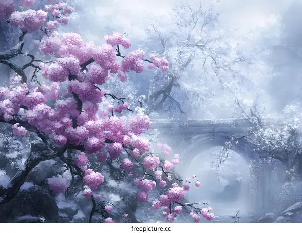 Misty Springtime Landscape with Bridge