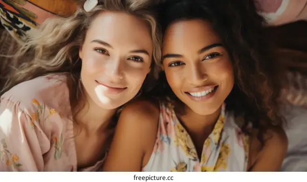 Portrait of two beautiful young women smiling