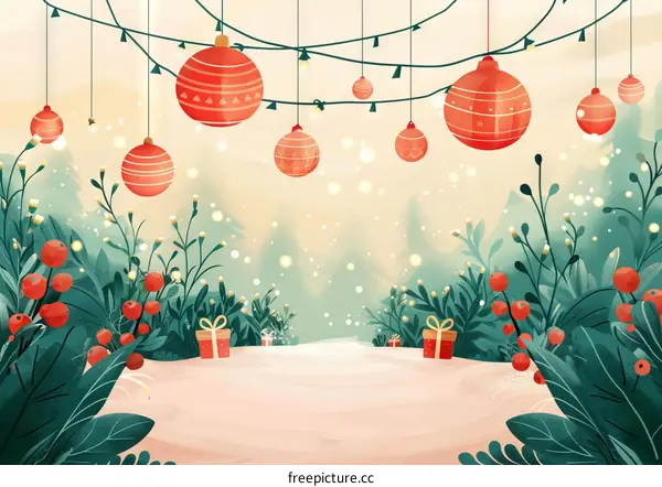 Snowy Winter Forest Landscape with Festive Decorations