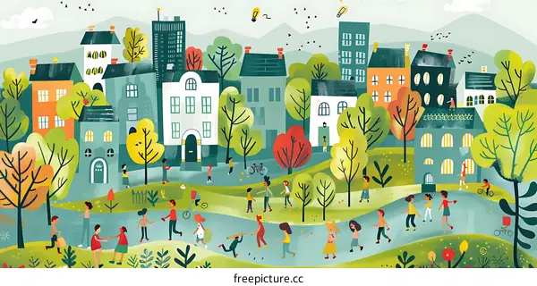 Colorful Illustration of People Walking in a Green City