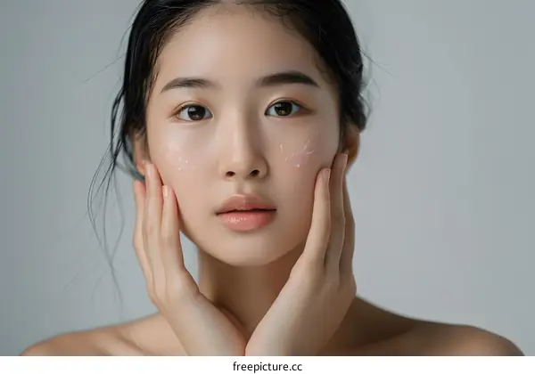 Young Asian Woman Applying Face Cream on White Background