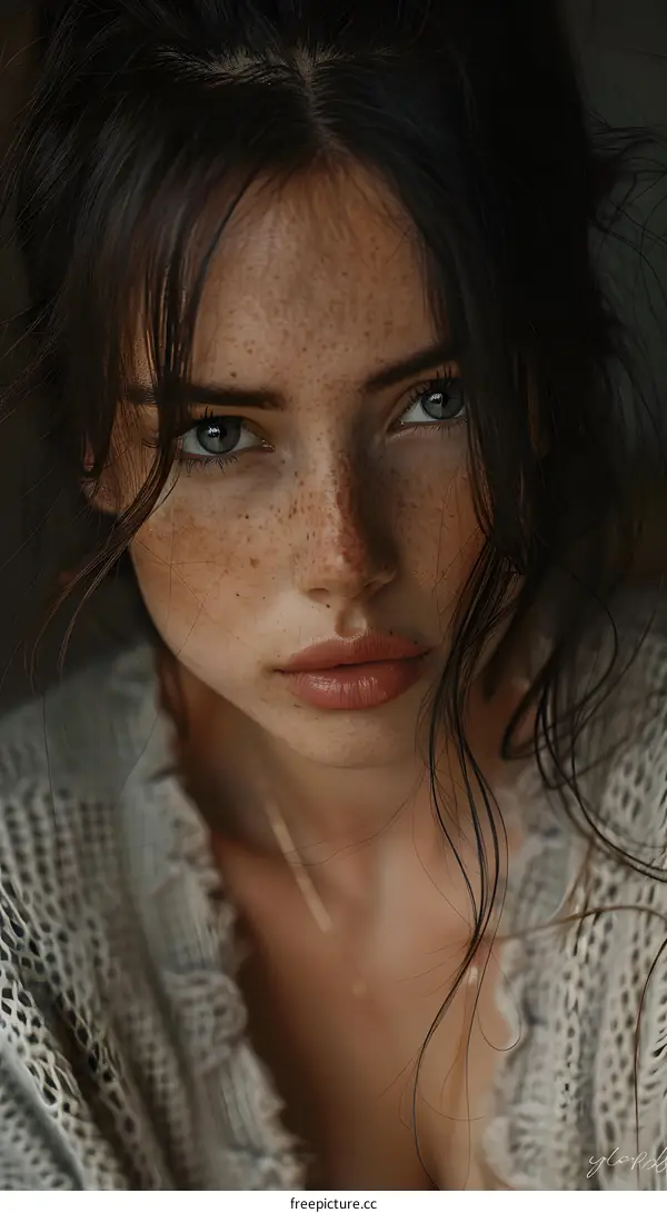 portrait of a beautiful young woman with freckles