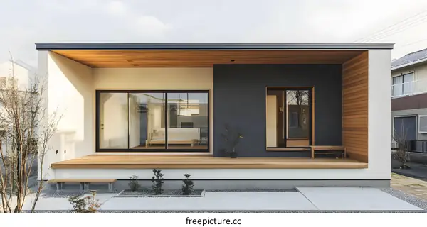 Modern Minimalist House Exterior with Wooden Deck and Sliding Glass Doors