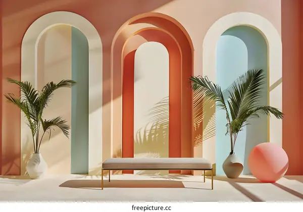 Minimalist Modern Arch Interior Design With Palm Trees and a Bench