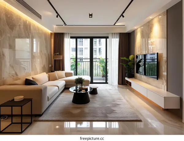 Modern and minimalist living room design with marble walls and large windows