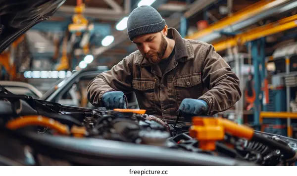 A mechanic is working on a car engine.