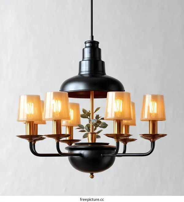 Vintage Black and Gold Chandelier with Amber Glass Shades