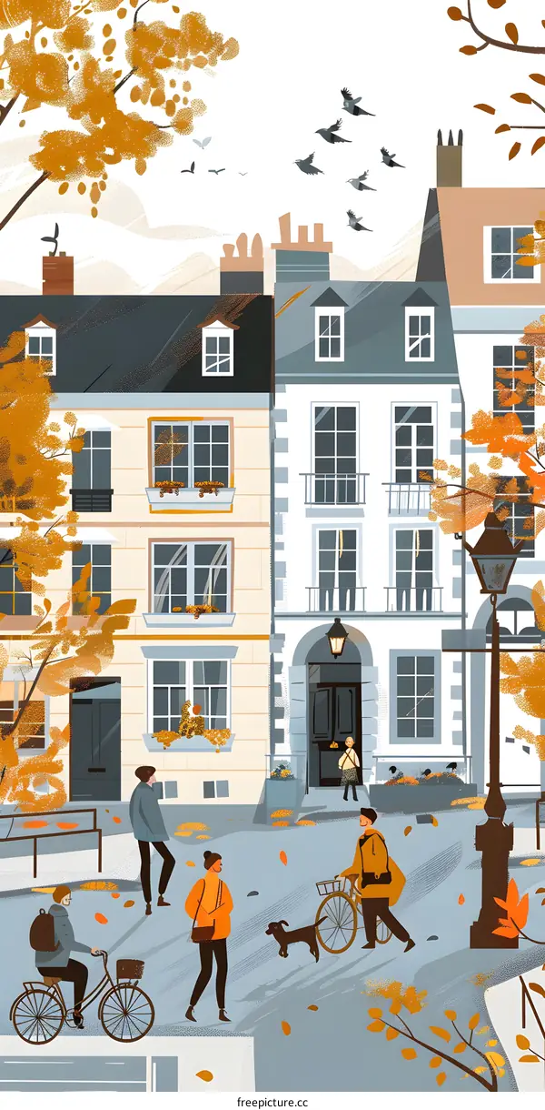 Autumn in the City Street with People Walking and Cycling