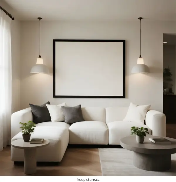 Modern Living Room with White Sofa and Empty Frame
