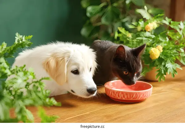 Dogs and Cats Eating from Bowls on a Wooden Table
