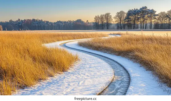 Winter Landscape Winding Path Through Golden Grass
