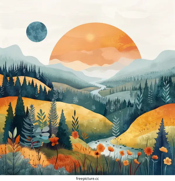 Landscape illustration with mountains, river, and flowers