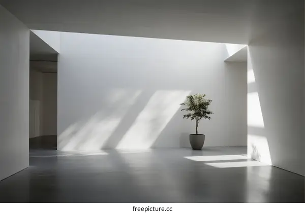 Minimalist White Room with Skylight and Potted Plant