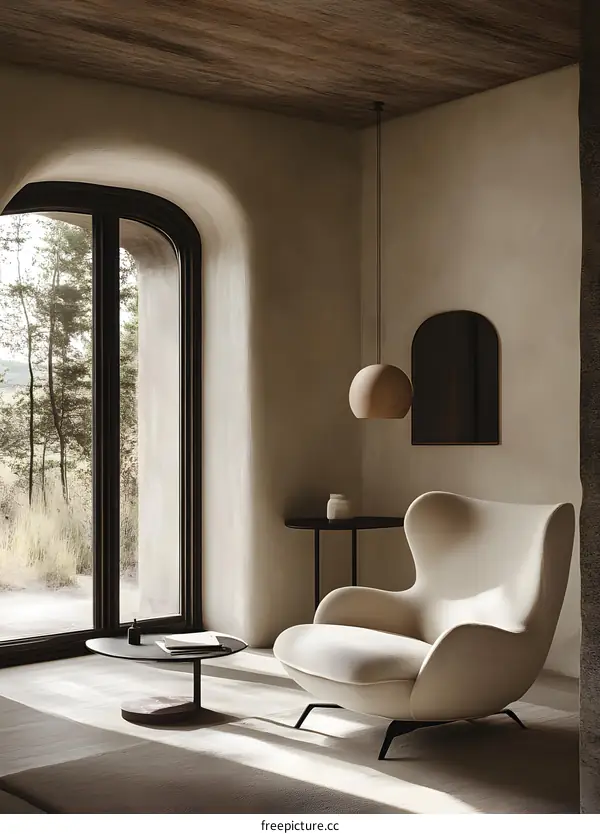Modern Minimalist Interior Design with Curved Arch Window and White Armchair