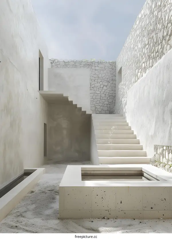 Minimalist Concrete Courtyard with Stone Walls and Steps