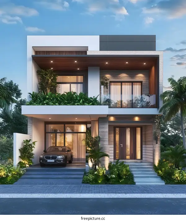 Modern Two Story House Exterior Design with Balcony