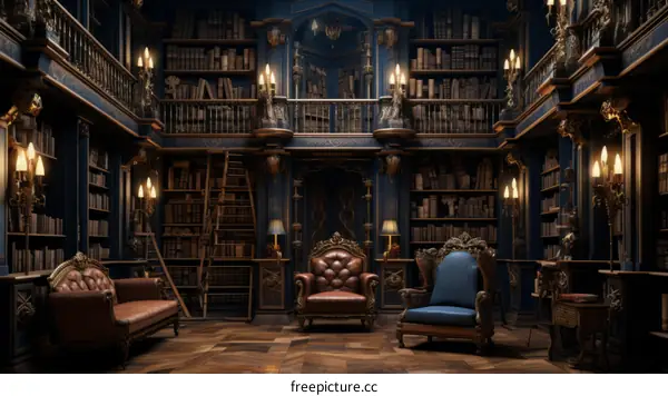 A Grand Library with Two Armchairs