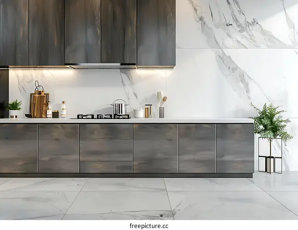 Modern Kitchen Interior Design with Wooden Cabinets and Marble Backsplash