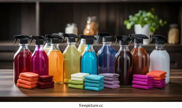 A variety of household cleaning supplies are arranged on a wooden table.
