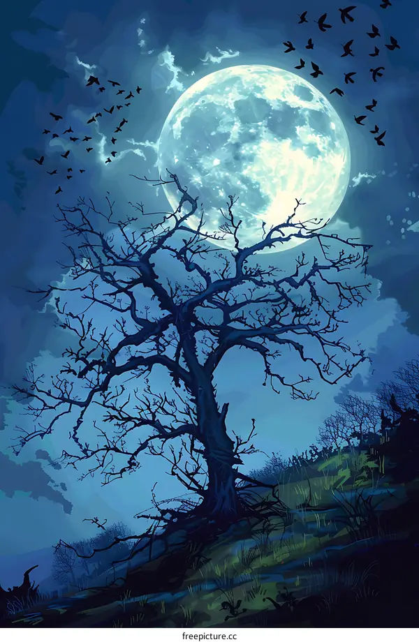 Dark Night Landscape with Full Moon and Silhouettes of Birds
