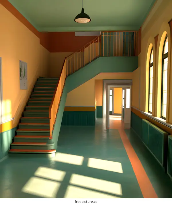 Green and Yellow Staircase in a Building Interior