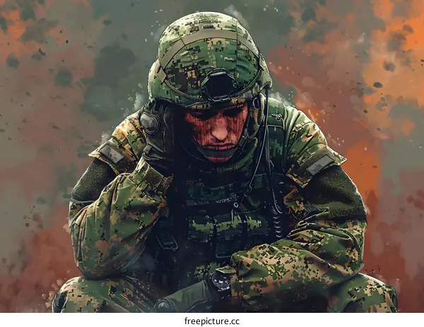 A soldier sits on the ground, his head in his hands.