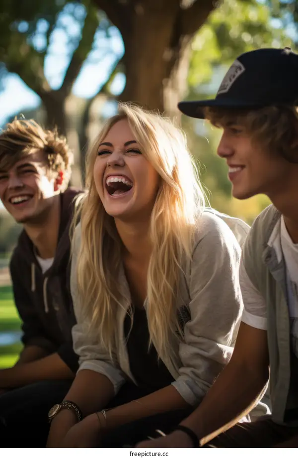 Three young friends laughing together in a park