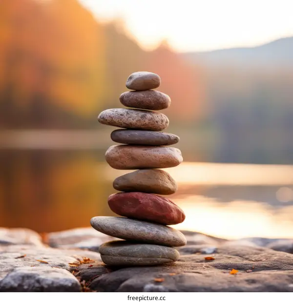 Stack of Stones by the Lake at Sunset
