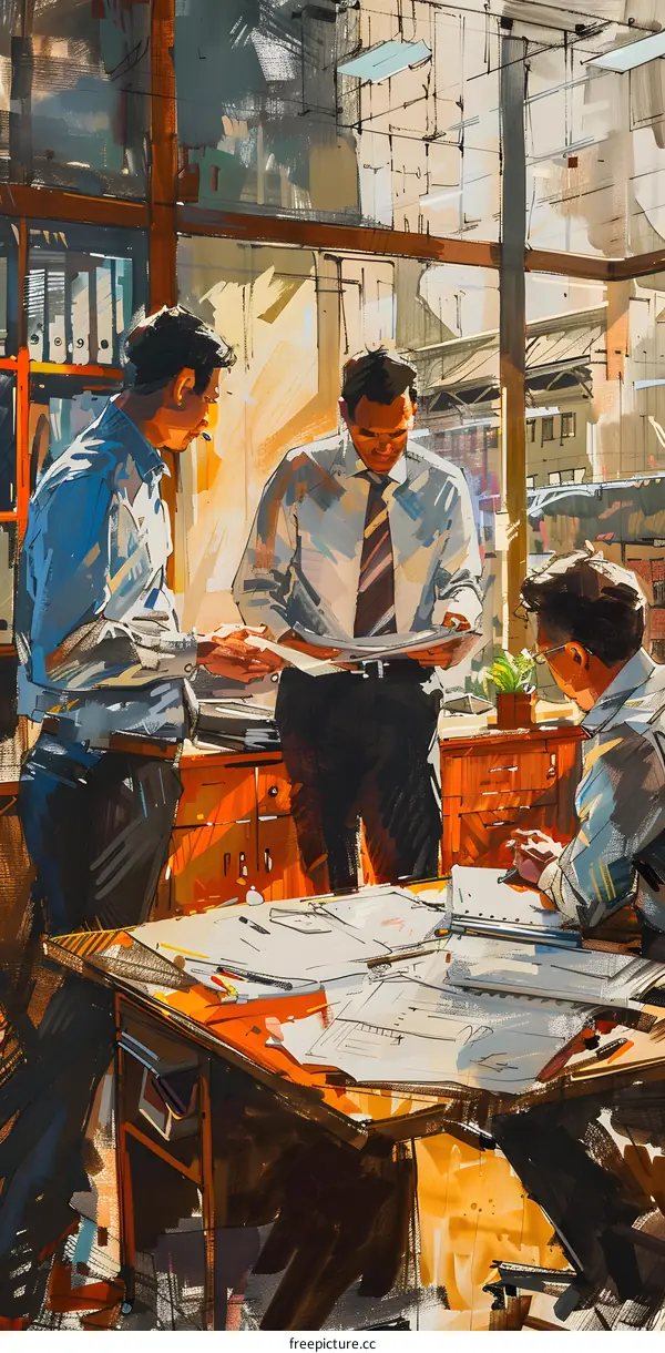 Three businessmen in suits discussing a project in an office