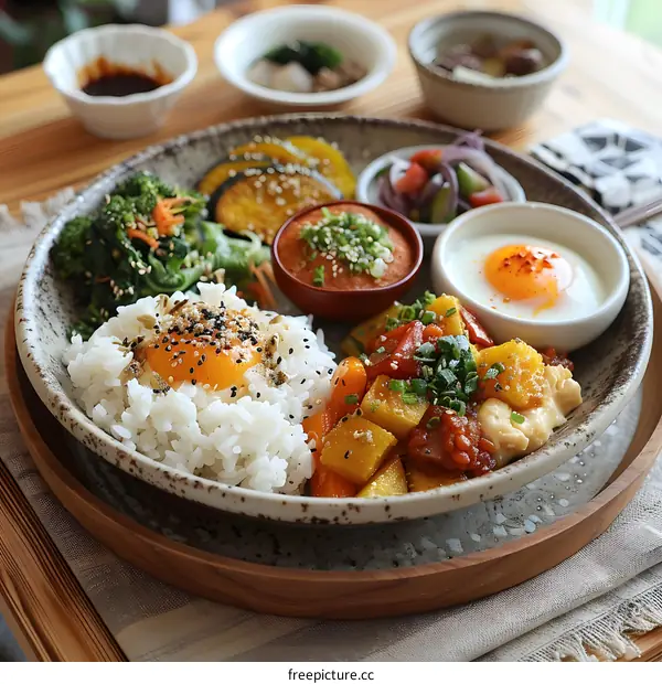 A delicious and healthy breakfast of rice, vegetables, and egg