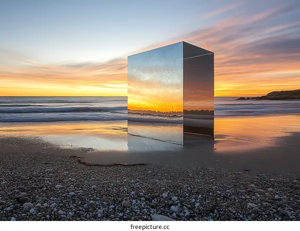 Reflective Cube on Beach at Sunset