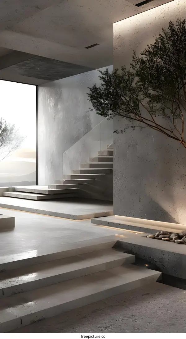 Minimalist Concrete Staircase Interior Design with Tree