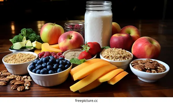 A Variety of Healthy Foods Including Fruit, Vegetables, Grains, Nuts, Dairy, and More