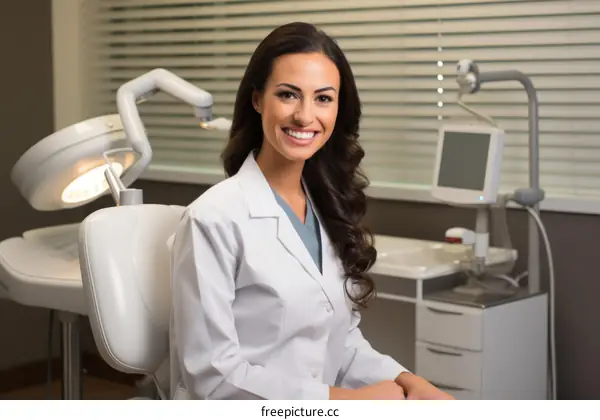 Confident female dentist sitting in dental clinic
