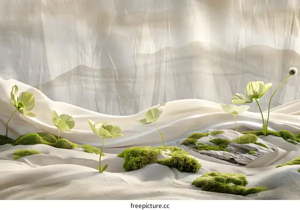 Green Flowers on Sand and Fabric Background