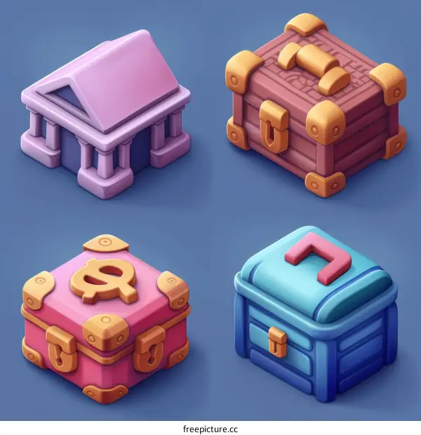 isometric treasure chests and bank