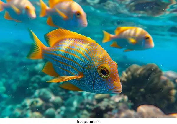 Striped Sergeant Fish Schooling in a Tropical Coral Reef