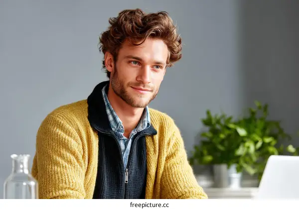 Portrait of a Caucasian Man in a Mustard Yellow Cardigan