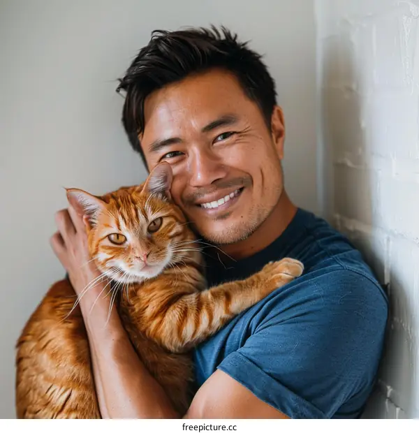 A smiling Asian man hugging an orange cat