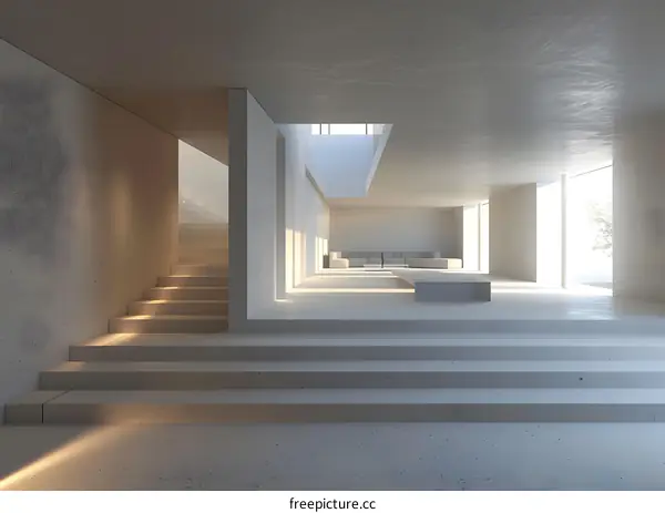 Modern Minimalist Interior Design with Concrete Stairs and Sunlight