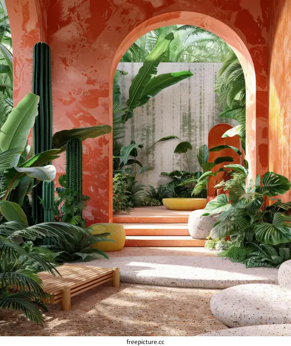 Orange Walled Tropical Courtyard with Lush Greenery