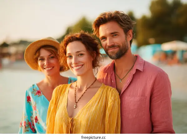 Three happy friends enjoying summer by the beach