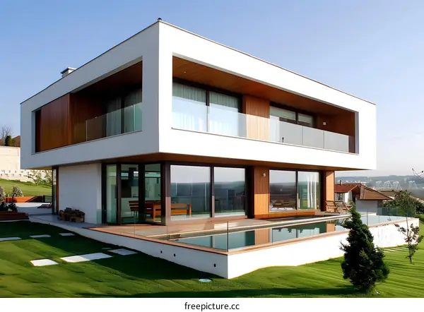 Modern White House with Swimming Pool and Green Grass